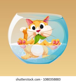 Funny kitten in the aquarium. cartoon. Vector.
