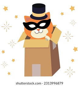 Funny kitten with birthday hats and sitting in the gift box. Isolated on white background