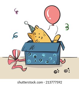 Funny kitten in box, colorful birthday card with cat, box and balloon, vector illustration