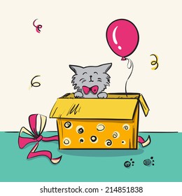 Funny kitten in box, colorful birthday card with cat, box and balloon, vector illustration