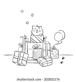 Funny kitten with boxes, vector birthday card