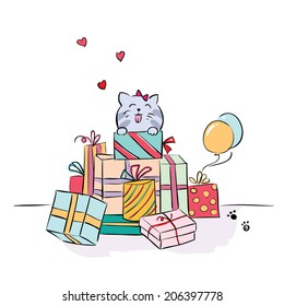 Funny kitten with boxes, vector colorful birthday card 