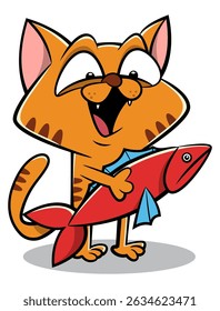 Funny Kitten cartoon characters catching a fish with its hand. Best for sticker, logo, and mascot with Pet themes