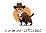 funny kitten cat cowboy with fedora  hat dressed as Indiana Jones vector illustration 