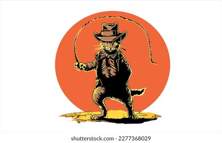 funny kitten cat cowboy with fedora  hat dressed as Indiana Jones vector illustration 