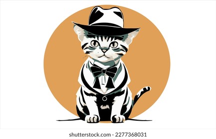 funny kitten cat cowboy with fedora  hat dressed as Indiana Jones vector illustration 