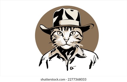 funny kitten cat cowboy with fedora  hat dressed as Indiana Jones vector illustration 