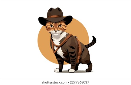 funny kitten cat cowboy with fedora  hat dressed as Indiana Jones vector illustration 