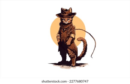 funny kitten cat cowboy with fedora  hat dressed as Indiana Jones vector illustration 