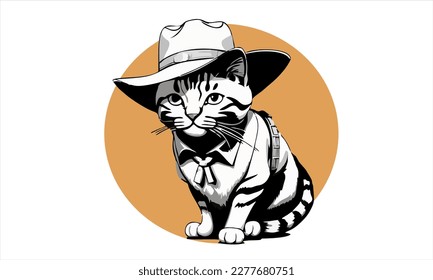 funny kitten cat cowboy with fedora  hat dressed as Indiana Jones vector illustration 