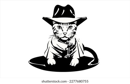 funny kitten cat cowboy with fedora  hat dressed as Indiana Jones vector illustration 