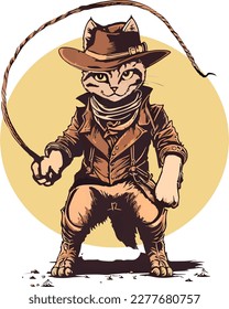 funny kitten cat cowboy with fedora  hat dressed as Indiana Jones vector illustration 