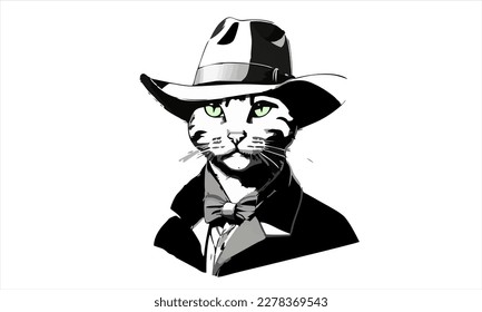 funny kitten cat cowboy with fedora  hat dressed as Indiana Jones vector illustration 