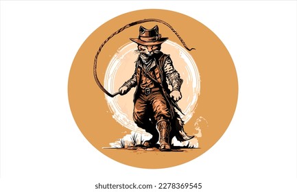 funny kitten cat cowboy with fedora  hat dressed as Indiana Jones vector illustration 