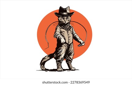 vaquero del gato gatito gracioso con sombrero fedora vestido como ilustración vectorial de Indiana Jones 