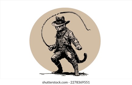 funny kitten cat cowboy with fedora  hat dressed as Indiana Jones vector illustration 