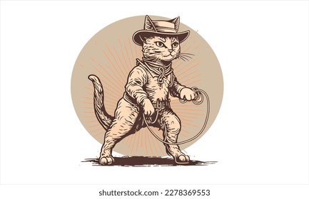 funny kitten cat cowboy with fedora  hat dressed as Indiana Jones vector illustration 