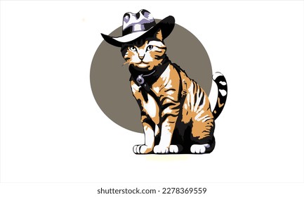 funny kitten cat cowboy with fedora  hat dressed as Indiana Jones vector illustration 