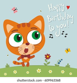 Funny kitten cat sings song Happy birthday to you! Greeting card.