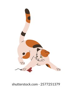 Funny kitten catches feather toy with paw, hunts. Happy cat plays with teaser. Cute playful kitty has fun. Amusing pet, domestic animal behavior. Flat isolated vector illustration on white background