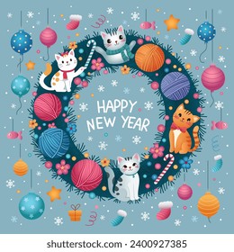 Funny kitten in a Christmas wreath with balls and bows. Vector illustration. New Year's and Christmas. Beautiful cat.