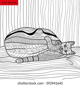 Funny kitten - coloring book for adults - zentangle cat book, hand drawn vector illustration,  coloring book, coloring pages, coloring outline, line art coloring 