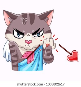 Funny kitten Cupid. Cupid cat with a broken arrow. Valentine's day illustration. Cat angel. Vector illustration in cartoon style. Isolated on white background