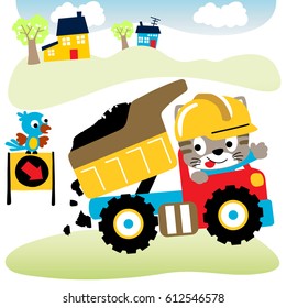 Funny kitten driving dump truck, little bird on road sign, rural scene background, vector cartoon illustration