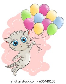 Funny kitten flying colored balloons