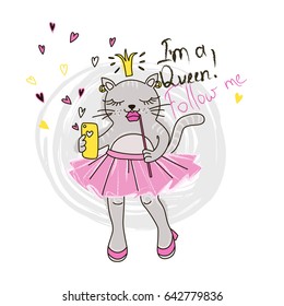 Funny kitten girl with phone. Vector doodle graphic. Illustration for fashion design.