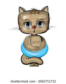 Funny Kitten got ready to swim in an inflatable ring. Funny comic baby animal. Young cute cartoon style. Childrens clipart illustration isolated on white background. Vector.