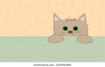 Funny kitten with green eyes peeking out from under the table. flat cartoon style illustration. pet cat. love for a pet