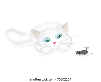 funny kitten is hunts for clockwork mouse