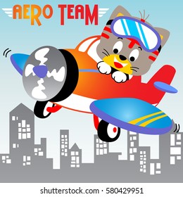 Funny kitten on airplane with buildings background, vector cartoon illustration