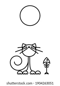 Funny kitten playing with a fish. Cat Print. Minimalist Art. Vector illustration.