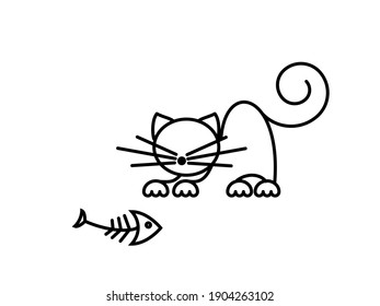 Funny kitten playing with a fish. Cat Print. Minimalist Art. Vector illustration.