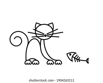 Funny kitten playing with a fish. Cat Print. Minimalist Art. Vector illustration.