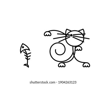 Funny kitten playing with a fish. Cat Print. Minimalist Art. Vector illustration.