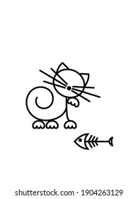 Funny kitten playing with a fish. Cat Print. Minimalist Art. Vector illustration.