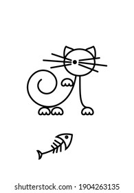 Funny kitten playing with a fish. Cat Print. Minimalist Art. Vector illustration.