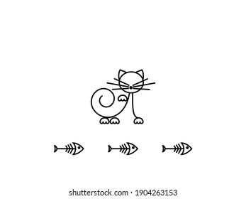 Funny kitten playing with a fish. Cat Print. Minimalist Art. Vector illustration.