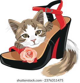 Funny kitten playing with sandals. Vector