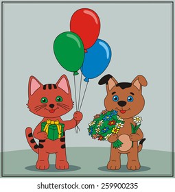 Funny kitten and puppy with balloons and flowers