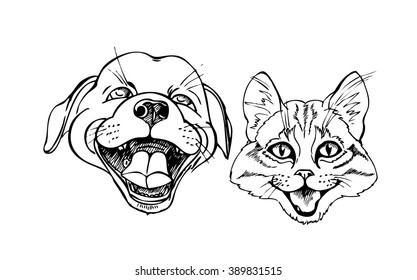 funny kitten and puppy, black and white vector illustration