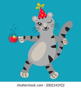 Funny kitten in a red cap on the holiday. He drinks a cool drink, lemonade, or tea. Cute character winks, celebrates the day of the cat. Bright vector for calendar, postcard, poster, baby fabric.