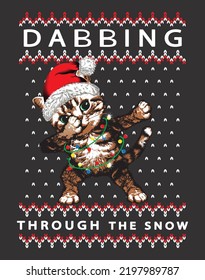 Funny kitten in Santa's hat making DAB move, dancing hip hop style. Slogan dabbing trough the snow. Knit texture. Christmas vector illustration.