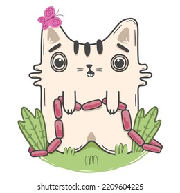 Funny kitten with sausages and a butterfly on his ear. Vector illustration in animation style
