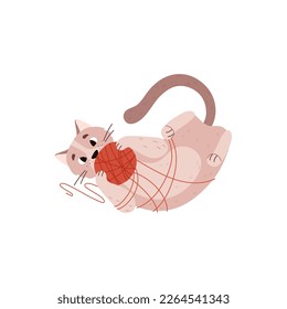 Funny kitten is tangled in a ball of thread. Playful active cat or little kitten comic cartoon character flat vector illustration isolated on white background.