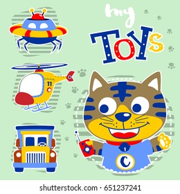 Funny kitten with it toys, vector cartoon illustration
