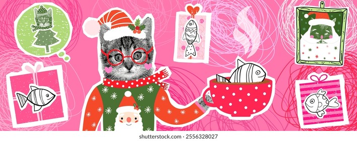 Funny Kitten with Ugly Christmas Sweater and Glasses Holding A Cup of Coffee with Fish, Fun Vector Cat Design